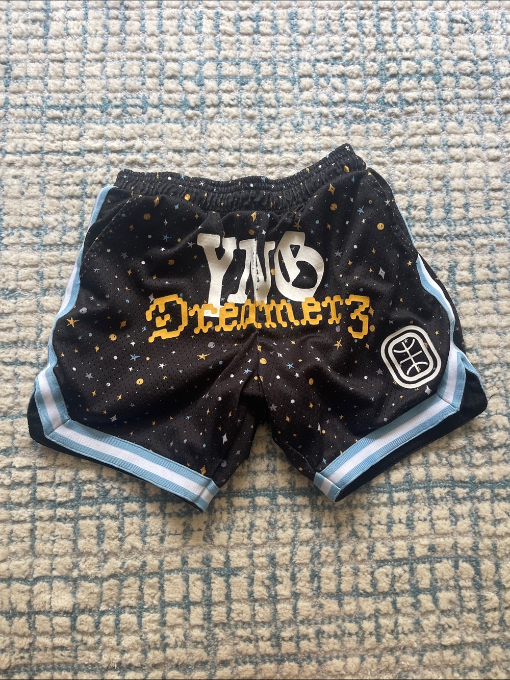 Black 'YNG Dreamerz' Kids Athletic Shorts with Light Blue Trim